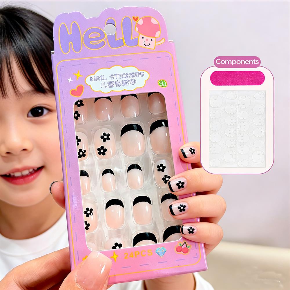 Nail Art Press On - 24 Stück/Box Cartoon Kinder Aufklebenägel Schwarze
